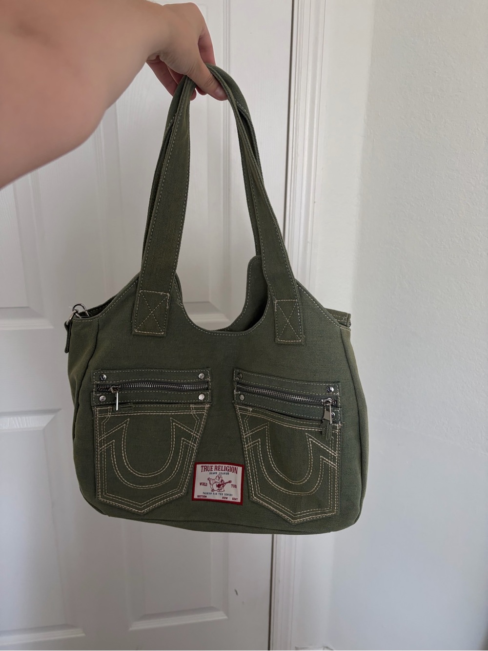 True Religion Olive Canvas Shoulder Tote with Front Zip Pockets